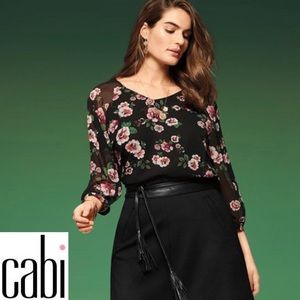 CAbi 3595 Garden Blouse Black Rose Floral Chiffon Round Neck Long Sleeves Medium